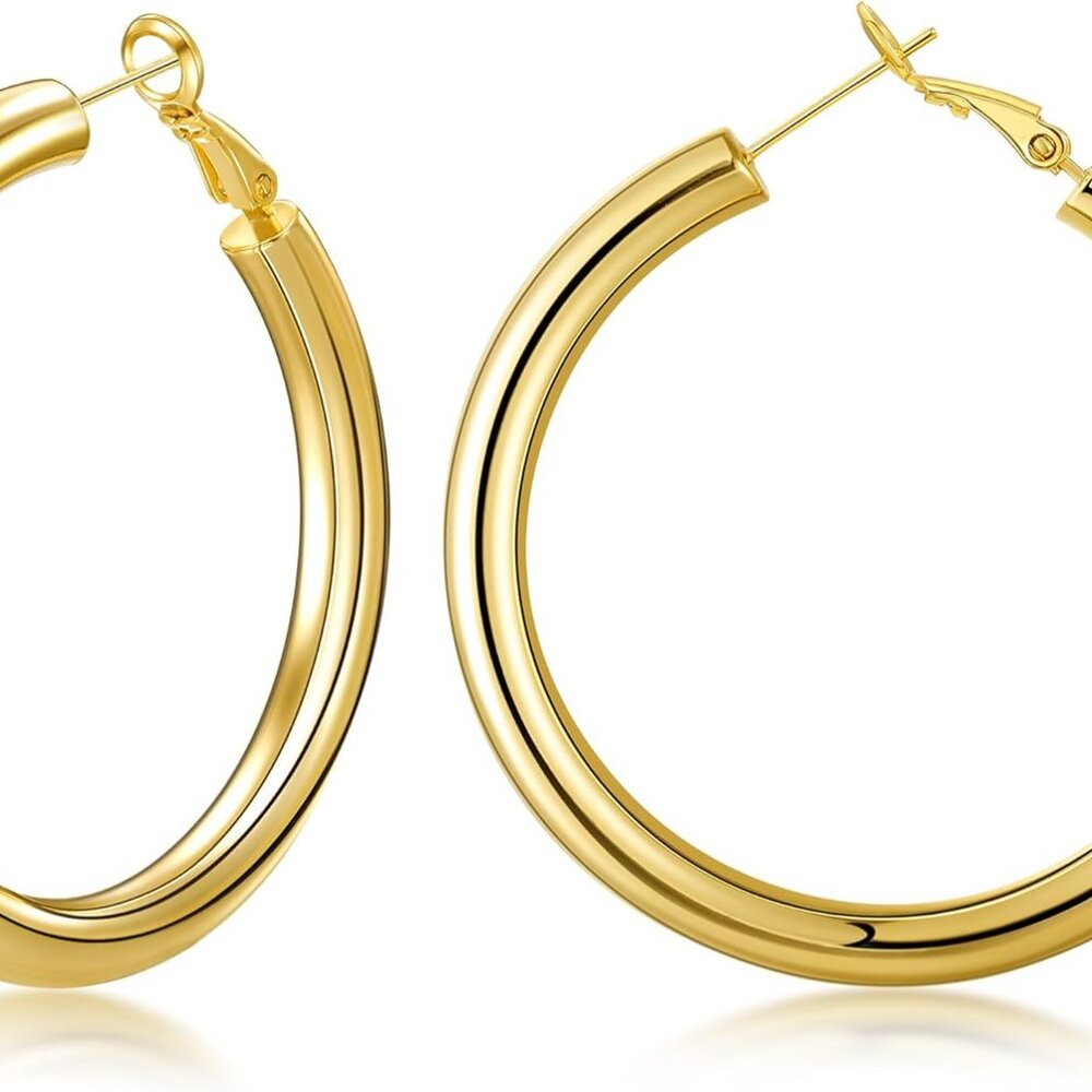 Lightweight 14K Gold Plated Chunky Hoops with Secure Click-Top Clasp - Women